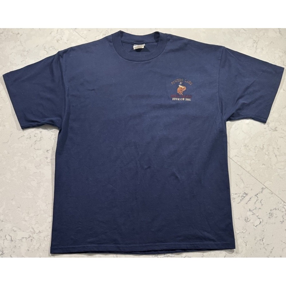 VTG 2001 Powers Lake North Dakota Reunion JERZEES T-Shirt Mens XL Navy Blue Y2K